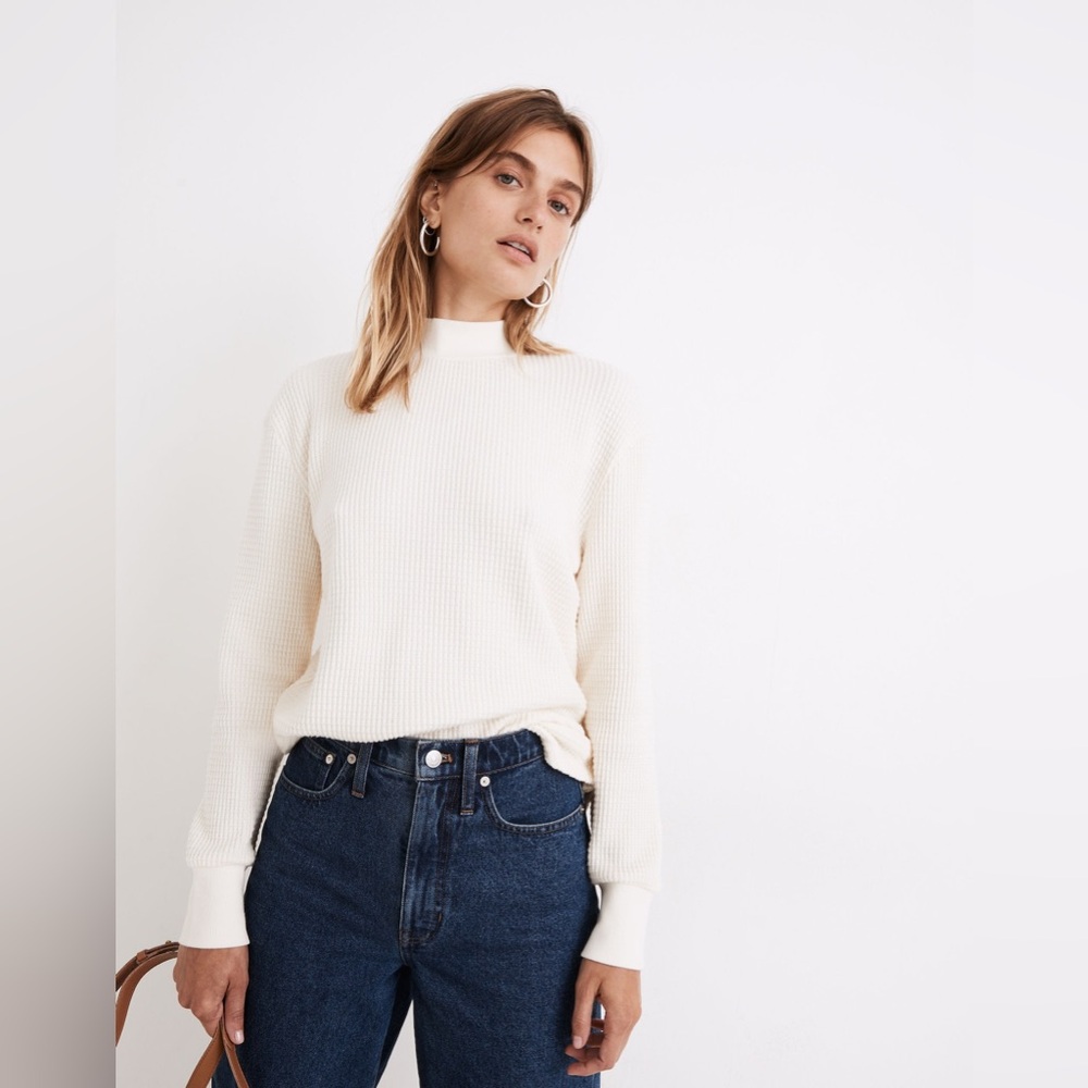 NWT Madewell Mockneck Waffle Sweatshirt Tee XS Ivory Sold Out! Light Stain